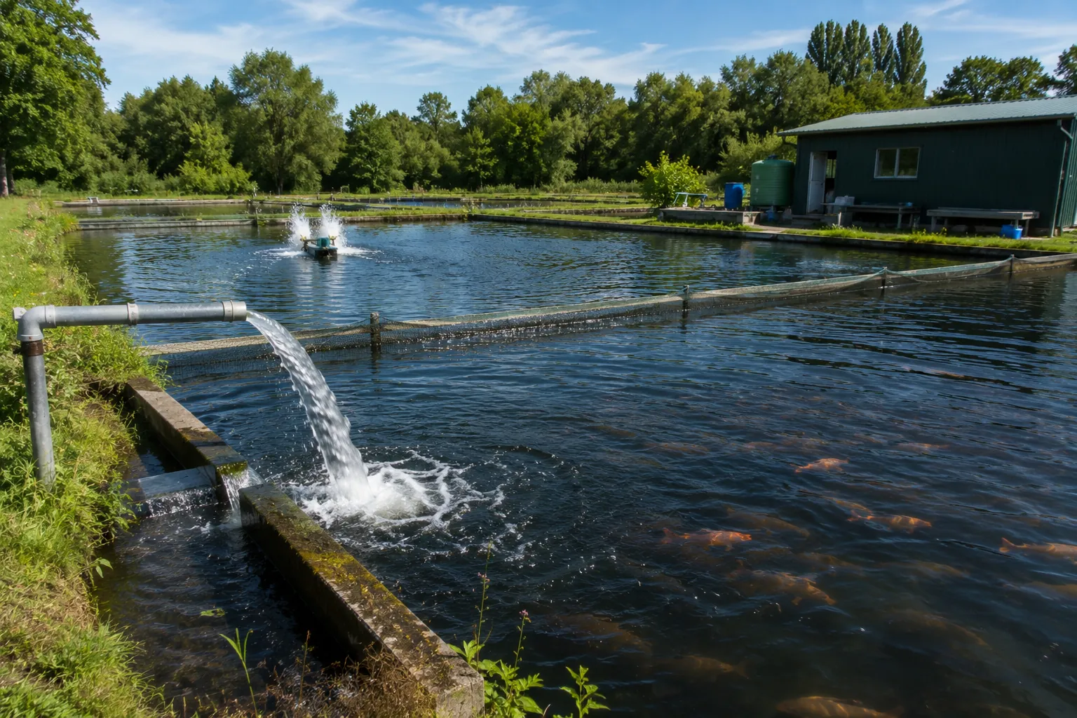 Pompa eolica per acqua che immette acqua fresca e gorgogliante in una vasca di piscicoltura