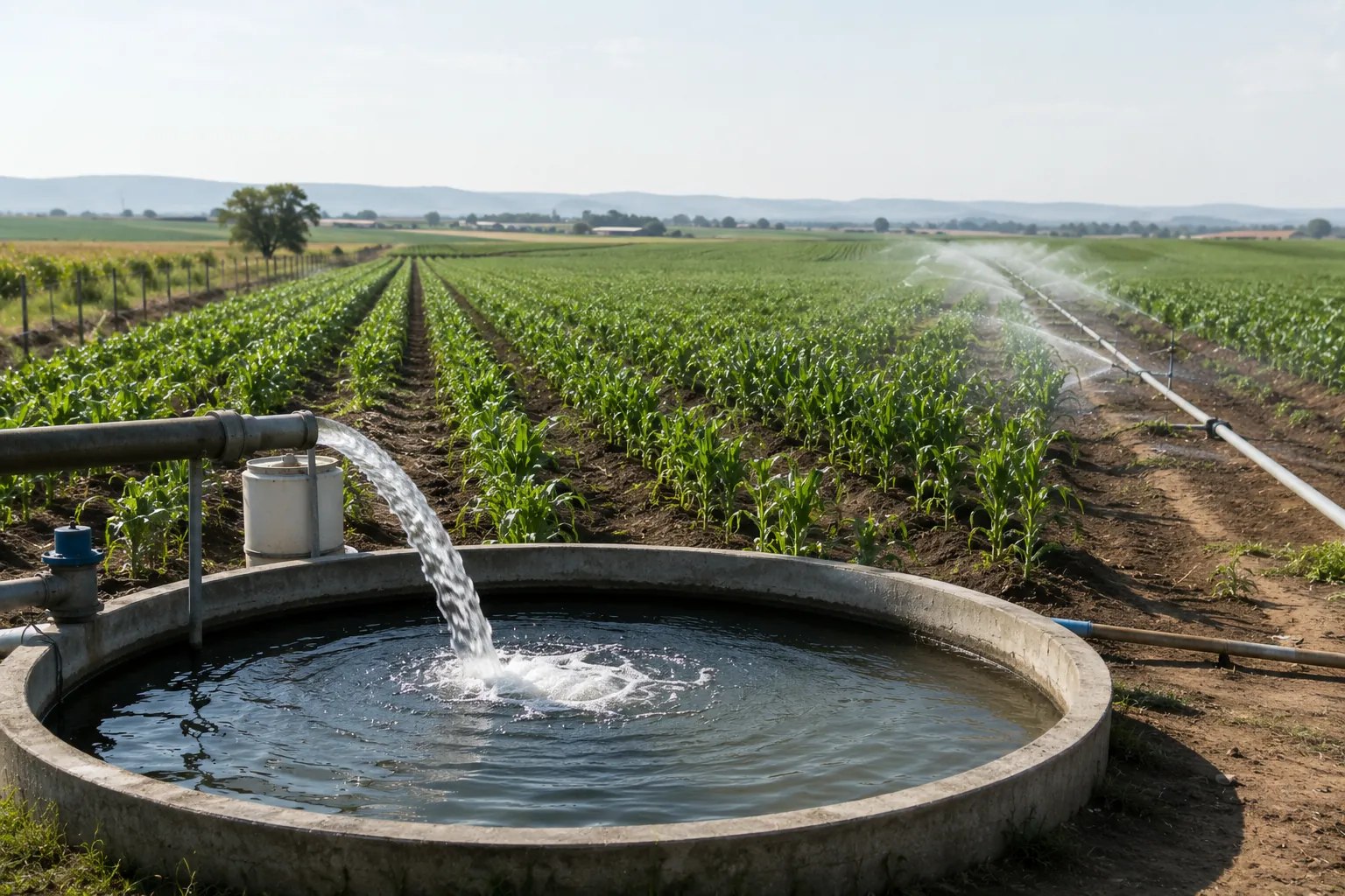 Pompa eolica per acqua nei colori aziendali verde e giallo irriga un campo agricolo