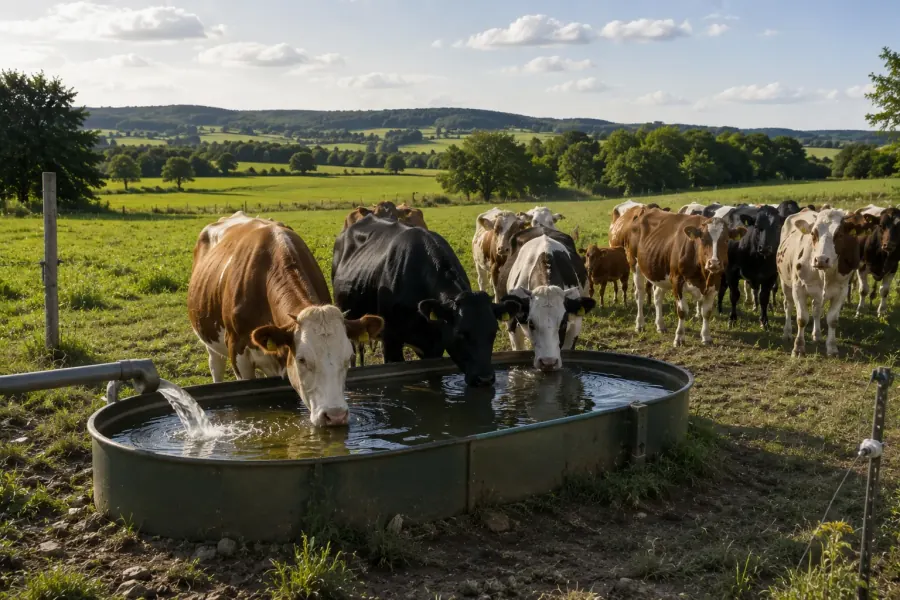 Pompa eolica per acqua tra gli alberi per l'abbeveraggio degli animali al pascolo